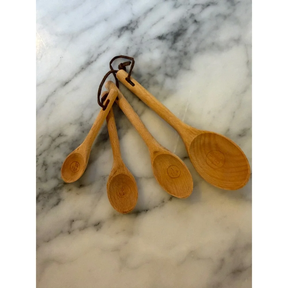 Vintage Handcrafted Wooden Measuring Spoons Set of 4 with Leather Tie Cord